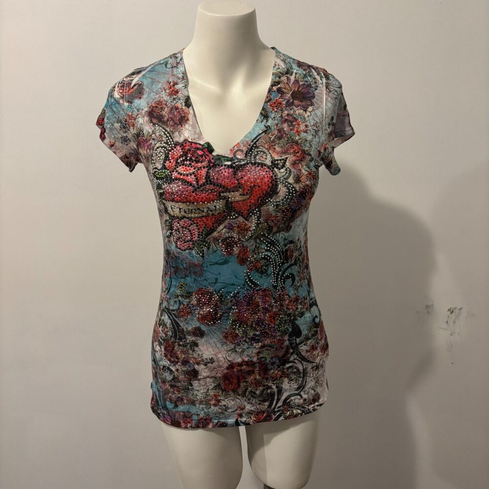 Y2K Ariella size Large Allover Print Rose Rhinestone Colorful Baby Tee